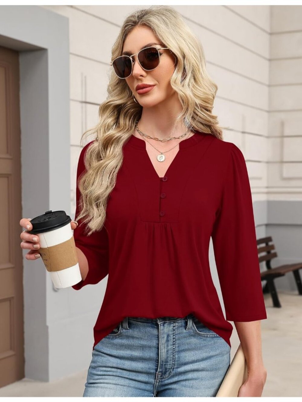Women's Red Long Sleeve Casual Henley V-Neck Floral T-Shirt Loose Fit - Picture 4 of 5